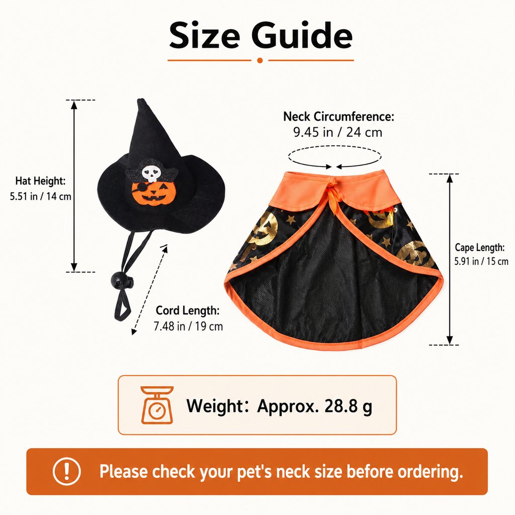 Halloween Cape Cat Costume Set – Witch Hat with Pumpkin Print for Holiday Dress-Up and Photos