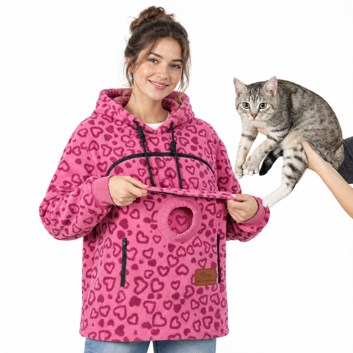 Hands-Free Cuddle Fleece Pattern Pet Carrier Hoodie – Kangaroo Pouch Sweatshirt with Cinch Head Opening and Zipper Pockets