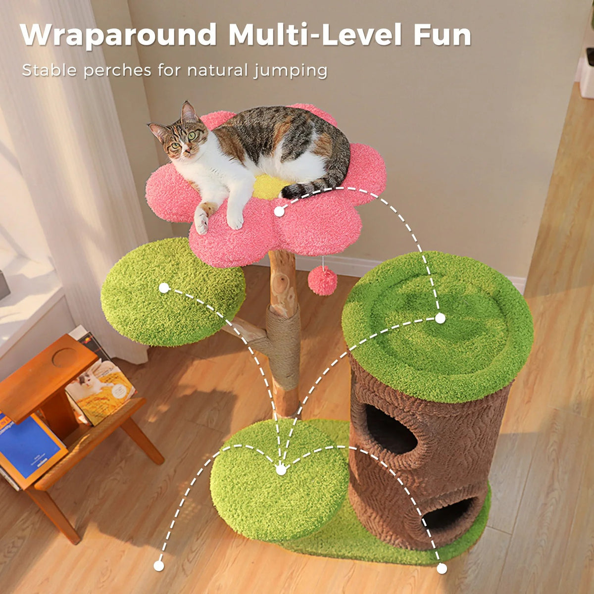 Flower Perch Cat Tree – Multi-Level Indoor Tower with Condo Cave and Scratching Post