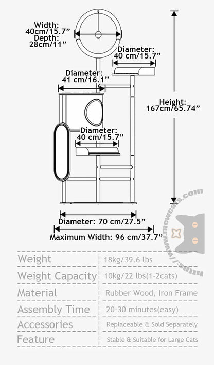 Fawlo Modern Multi-Level Cat Tree – Indoor Pet Furniture Tower with Enclosed Condo, Curved Top Perch, Dangling Toy Ball and Scratching Board