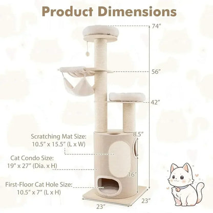 Multi-Level Tall Cat Tree – Indoor Activity Tower With Condo Hammock Scratching Posts And Dangling Play Ball