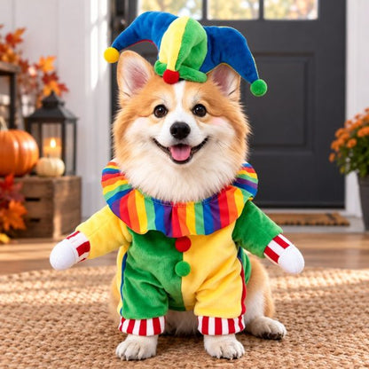 Jester Clown Dog Costume – Funny Halloween Pet Outfit with Jester Hat and Rainbow Ruffle Collar