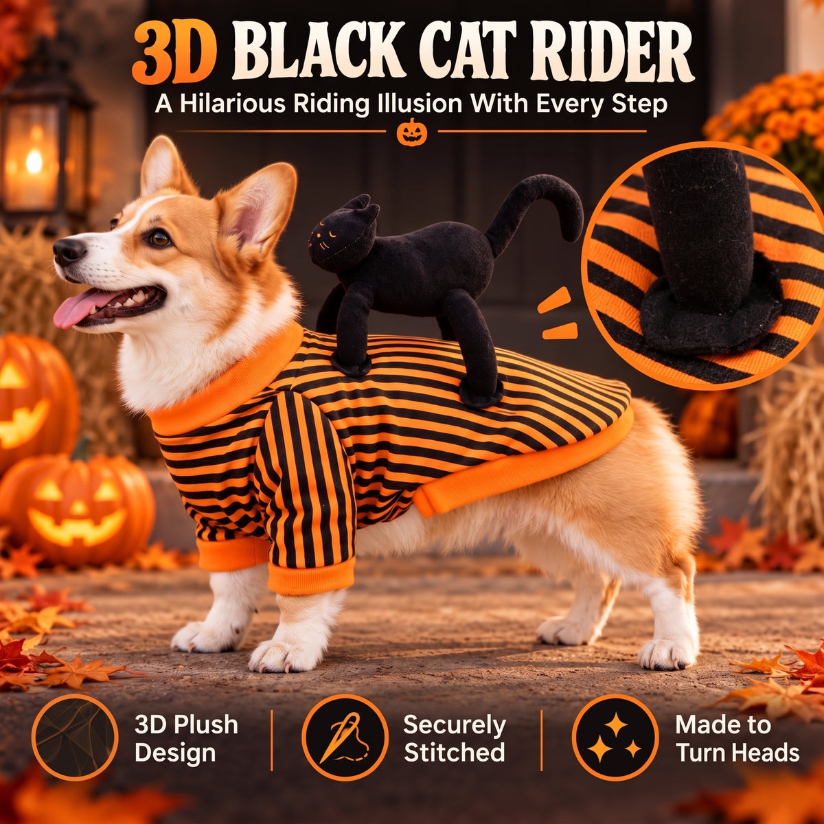 Cat Rider Halloween Dog Costume – Striped Orange-and-Black Pullover Outfit for Trick-or-Treating and Pet Parties