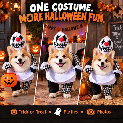 Spooky Clown Dog Costume – Walking Halloween Outfit with Fake Arms and Jester Headpiece for Trick-or-Treating