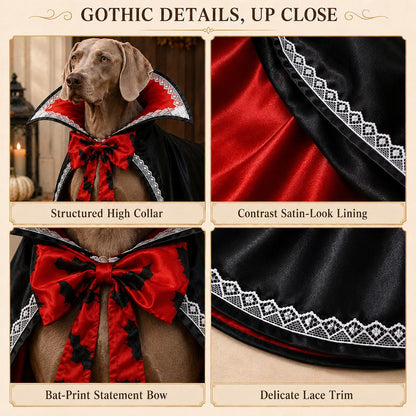 Vampire Cape Dog Halloween Costume – Dracula Cloak with Lace Trim Collar and Bat Bowknot for Parties