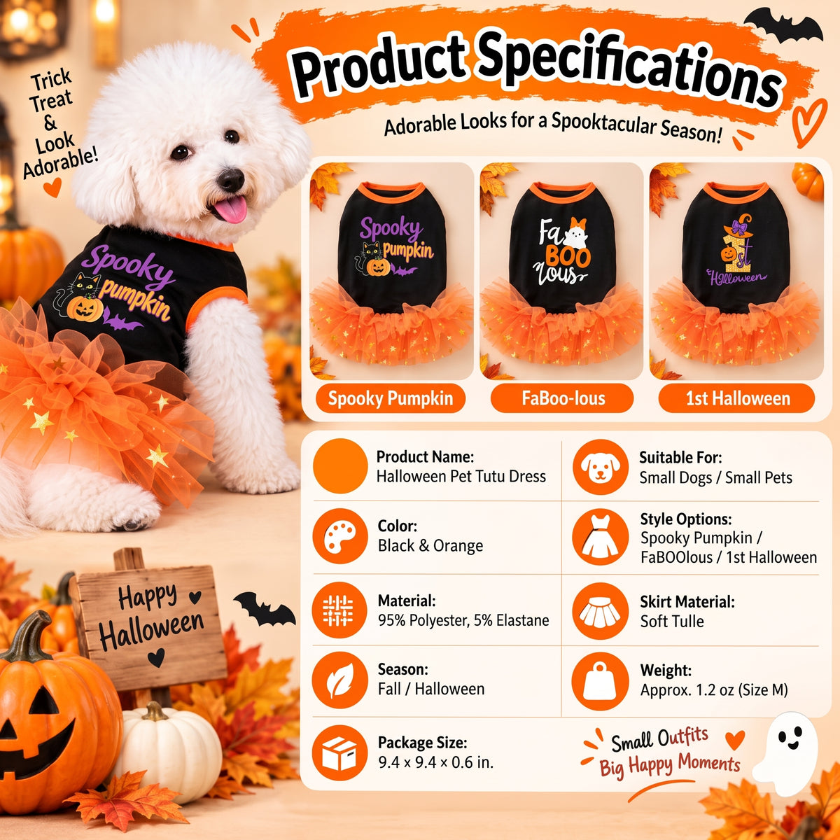 Halloween Tutu Dog Dress – Festive Pumpkin Star Print Costume Outfit for Holiday Parties