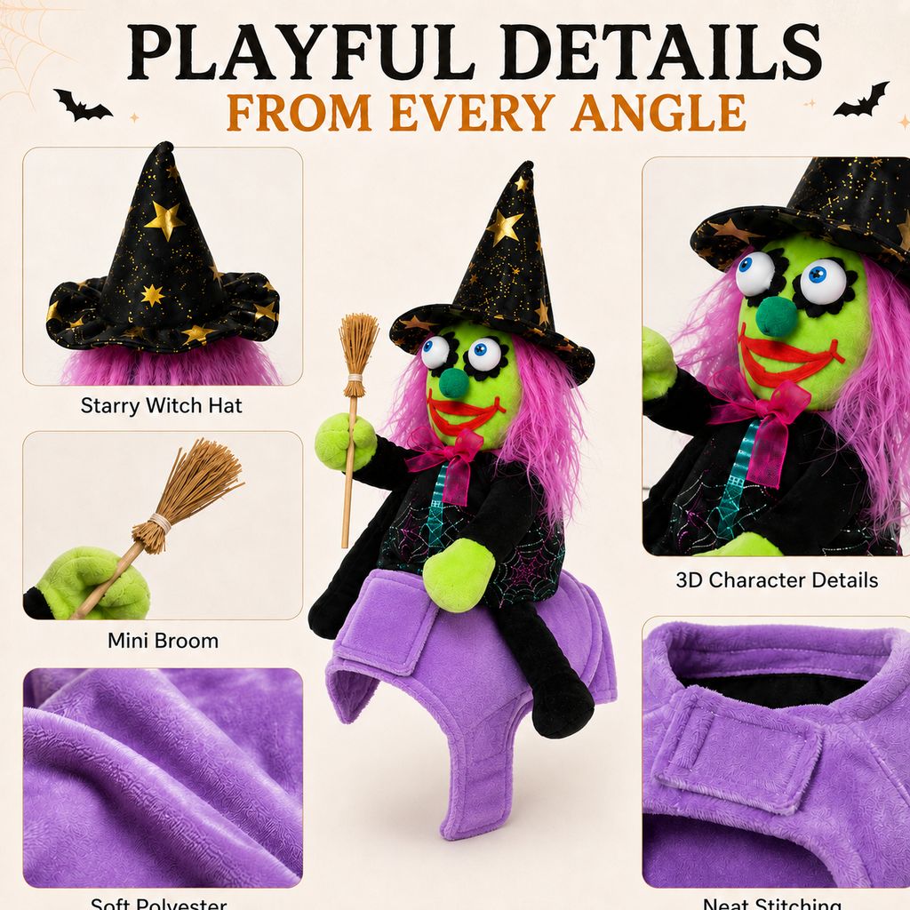 Riding Witch Pet Halloween Costume – 3D Doll Saddle Harness For Dogs And Cats
