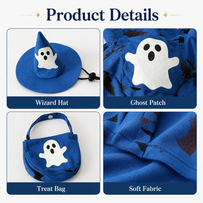 Glow Ghost Pet Costume – Luminous Trick-or-Treat Cosplay Apparel with Hat and Treat Bucket
