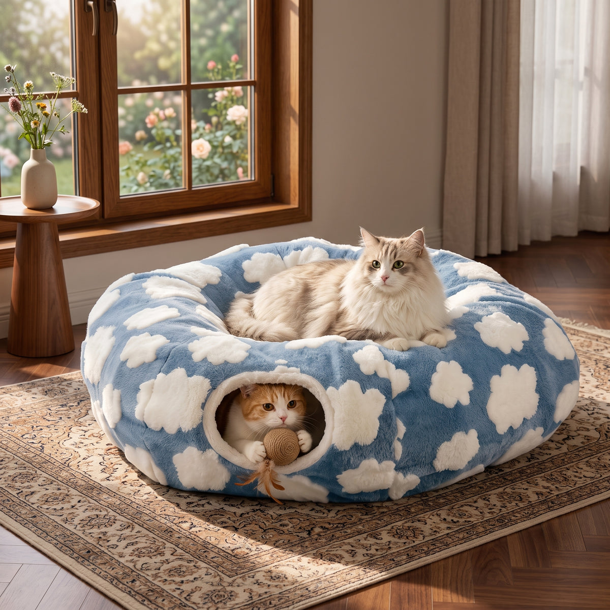 Interactive 2-in-1 Cat Tunnel Bed – Convertible Round Donut Cave with Hanging Toy Ball for Indoor Cats & Kittens
