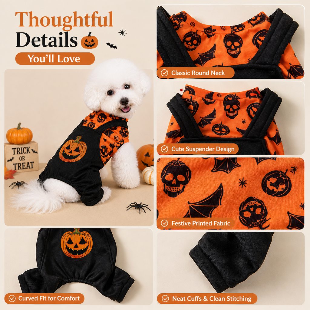 Festive Pumpkin Dog Jumpsuit – Spooky Halloween Costume Apparel for Puppy Parties and Holiday Trick-or-Treating Photos