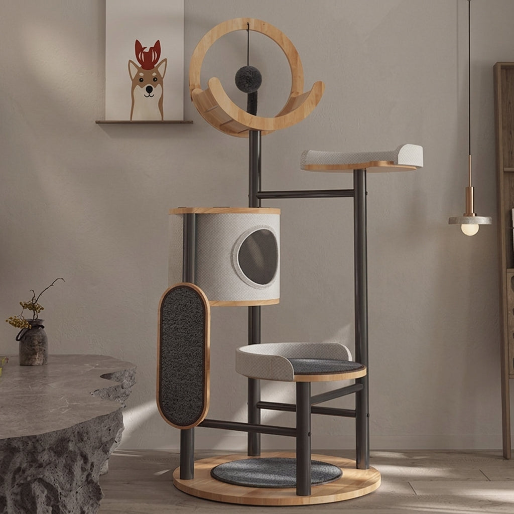 Fawlo Modern Multi-Level Cat Tree – Indoor Pet Furniture Tower with Enclosed Condo, Curved Top Perch, Dangling Toy Ball and Scratching Board