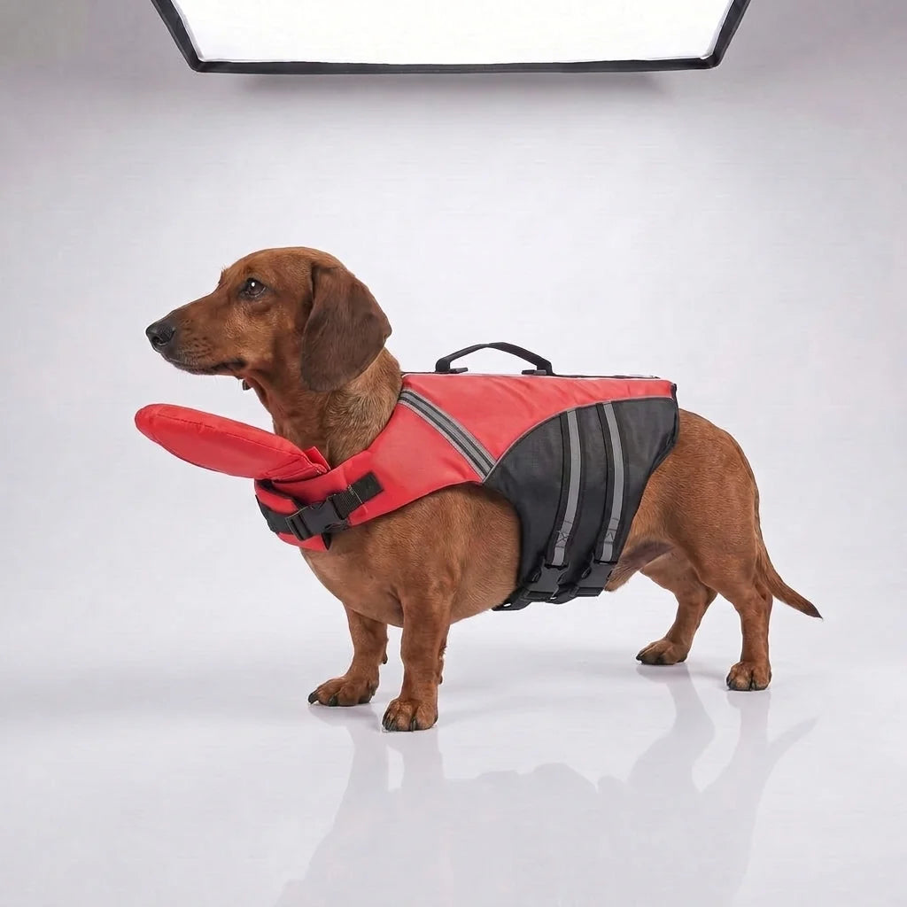 Buoyant Chin-Rest Dog Life Jacket – High-Visibility Swim Vest with Rescue Grab Handle and Reflective Safety Accents