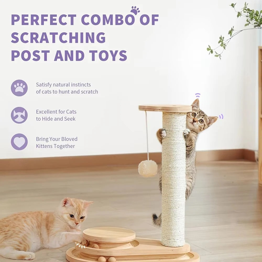 Interactive Play Cat Scratching Post – Kitten Activity Tower with Hanging Toy and Track Roller Balls