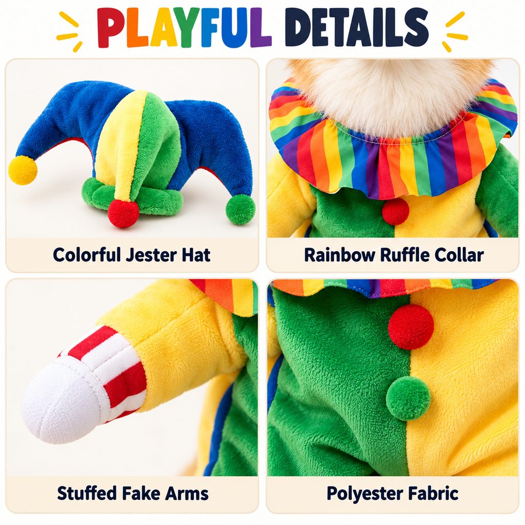 Jester Clown Dog Costume – Funny Halloween Pet Outfit with Jester Hat and Rainbow Ruffle Collar