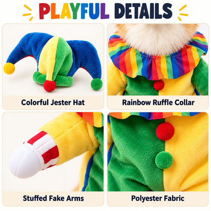 Jester Clown Dog Costume – Funny Halloween Pet Outfit with Jester Hat and Rainbow Ruffle Collar