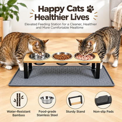Elevated Tilted Cat Feeder – 3-Bowl Neck-Protection Food and Water Station with Spill-Proof Mat