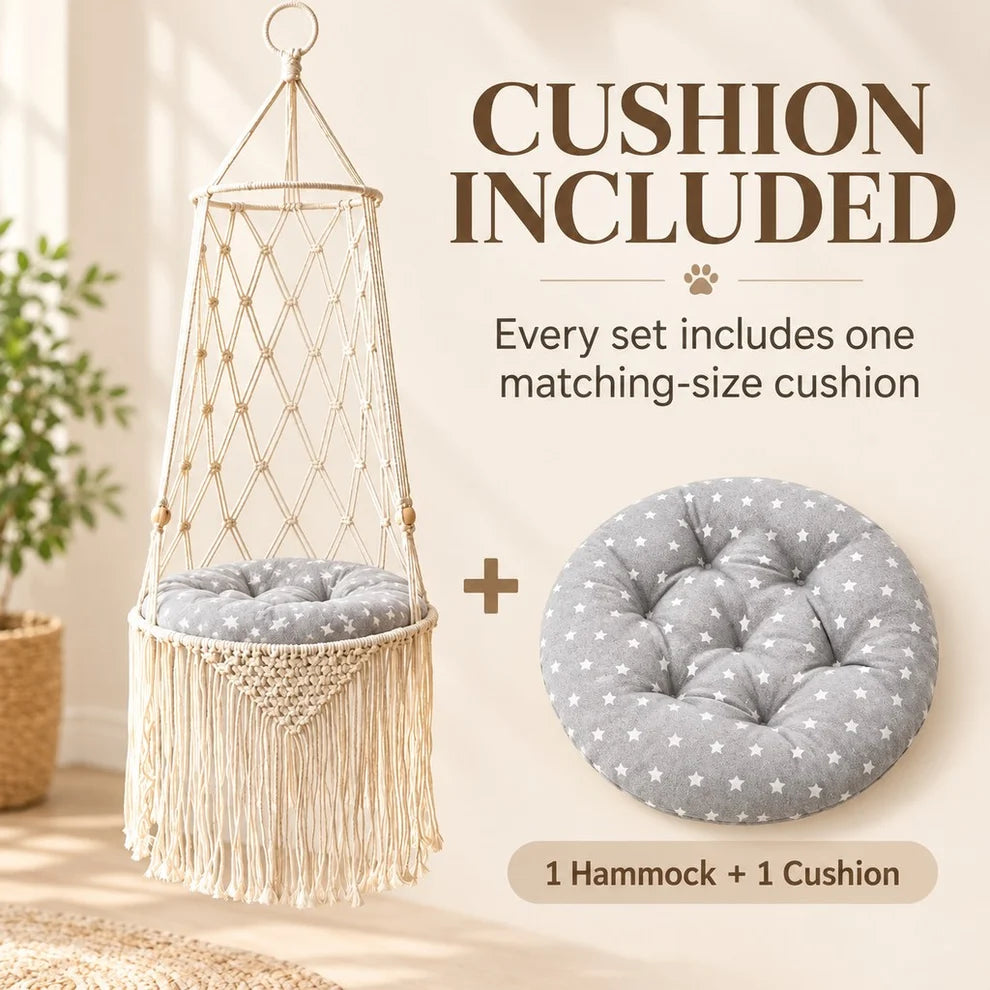 Cozy Hanging Cat Bed – Elevated Indoor Hammock Perch with Star-Pattern Cushion