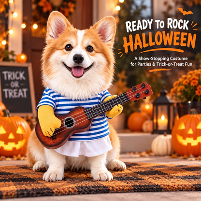 Funny Guitar Dog Costume – Standing Musician Outfit with Prop Instrument for Halloween Party Photos