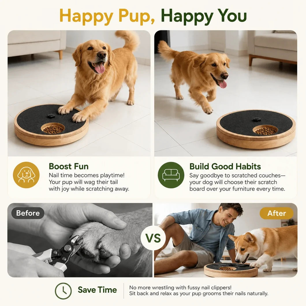 Interactive Treat Dog Scratchpad – Rotating Round Nail File Board with Reward Dispenser for Stress-Free Grooming