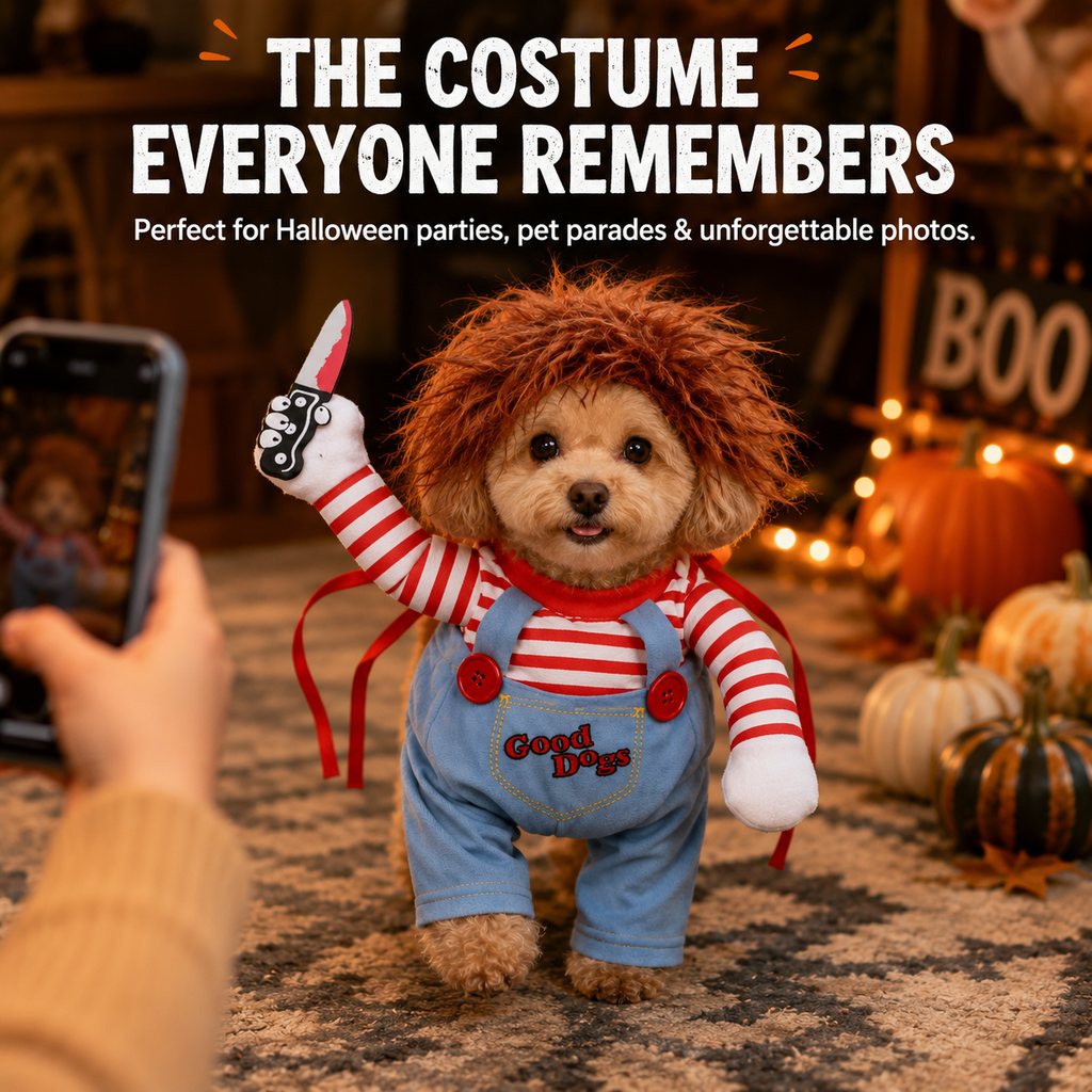 Scary Doll Dog Costume – Walking Illusion Pet Outfit with Wig & Prop Toy Knife for Halloween Trick-or-Treating