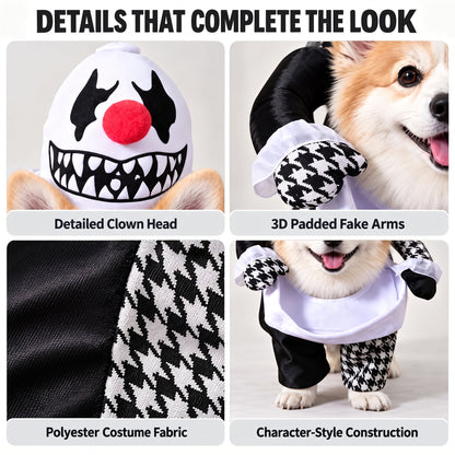 Spooky Clown Dog Costume – Walking Halloween Outfit with Fake Arms and Jester Headpiece for Trick-or-Treating