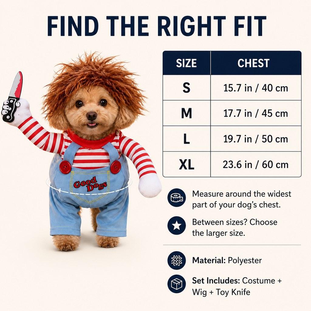 Scary Doll Dog Costume – Walking Illusion Pet Outfit with Wig & Prop Toy Knife for Halloween Trick-or-Treating