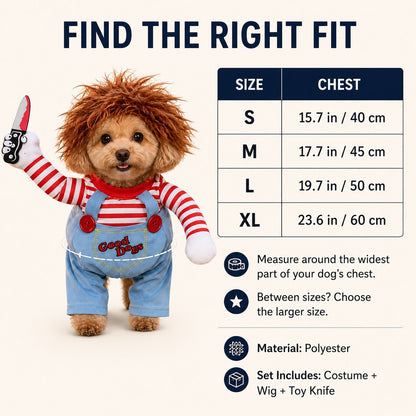 Scary Doll Dog Costume – Walking Illusion Pet Outfit with Wig & Prop Toy Knife for Halloween Trick-or-Treating