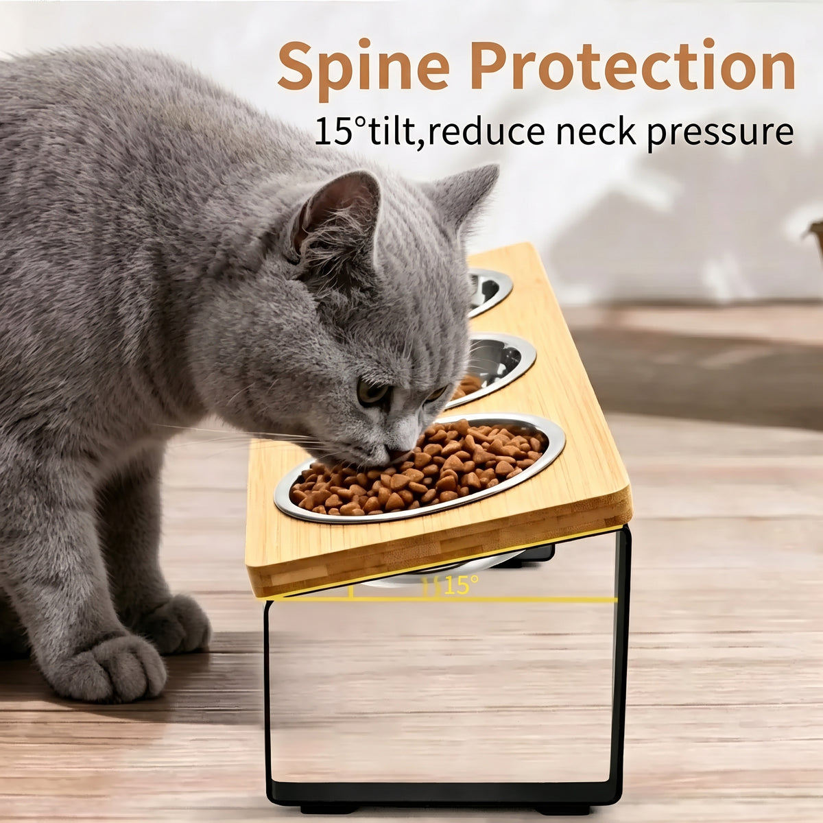 Elevated Tilted Cat Feeder – 3-Bowl Neck-Protection Food and Water Station with Spill-Proof Mat