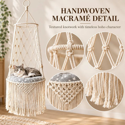 Cozy Hanging Cat Bed – Elevated Indoor Hammock Perch with Star-Pattern Cushion