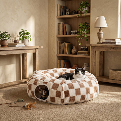 Interactive 2-in-1 Cat Tunnel Bed – Convertible Round Donut Cave with Hanging Toy Ball for Indoor Cats & Kittens