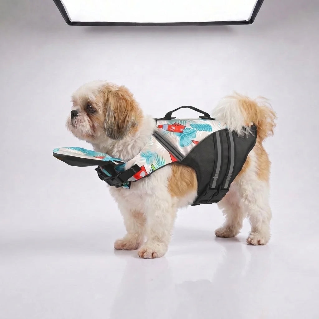 Buoyant Chin-Rest Dog Life Jacket – High-Visibility Swim Vest with Rescue Grab Handle and Reflective Safety Accents