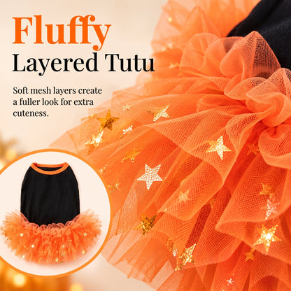 Halloween Tutu Dog Dress – Festive Pumpkin Star Print Costume Outfit for Holiday Parties