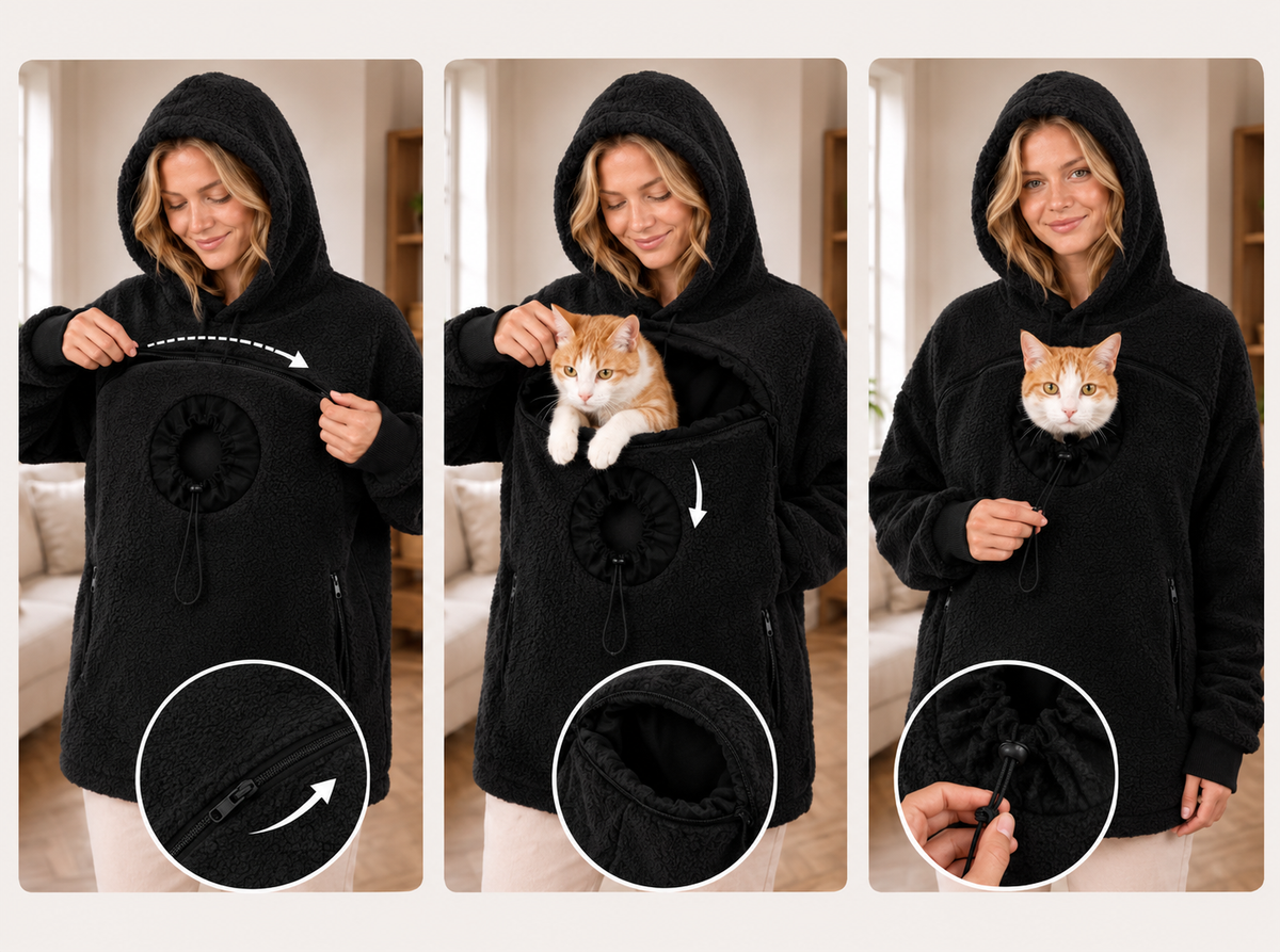Hands-Free Plain Pet Carrier Hoodie Fleece – Kangaroo Pouch Sweatshirt with Zipper Pockets for Cats and Small Dogs