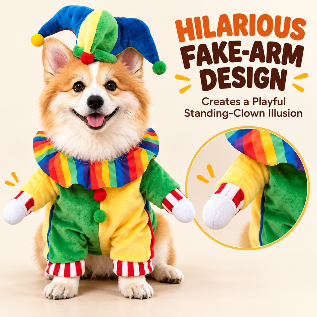Jester Clown Dog Costume – Funny Halloween Pet Outfit with Jester Hat and Rainbow Ruffle Collar