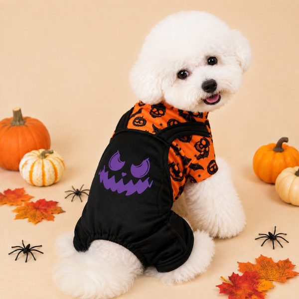 Festive Pumpkin Dog Jumpsuit – Spooky Halloween Costume Apparel for Puppy Parties and Holiday Trick-or-Treating Photos