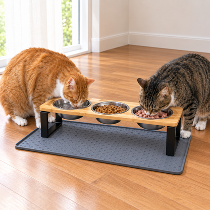 Elevated Tilted Cat Feeder – 3-Bowl Neck-Protection Food and Water Station with Spill-Proof Mat