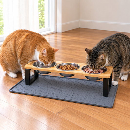 Elevated Tilted Cat Feeder – 3-Bowl Neck-Protection Food and Water Station with Spill-Proof Mat