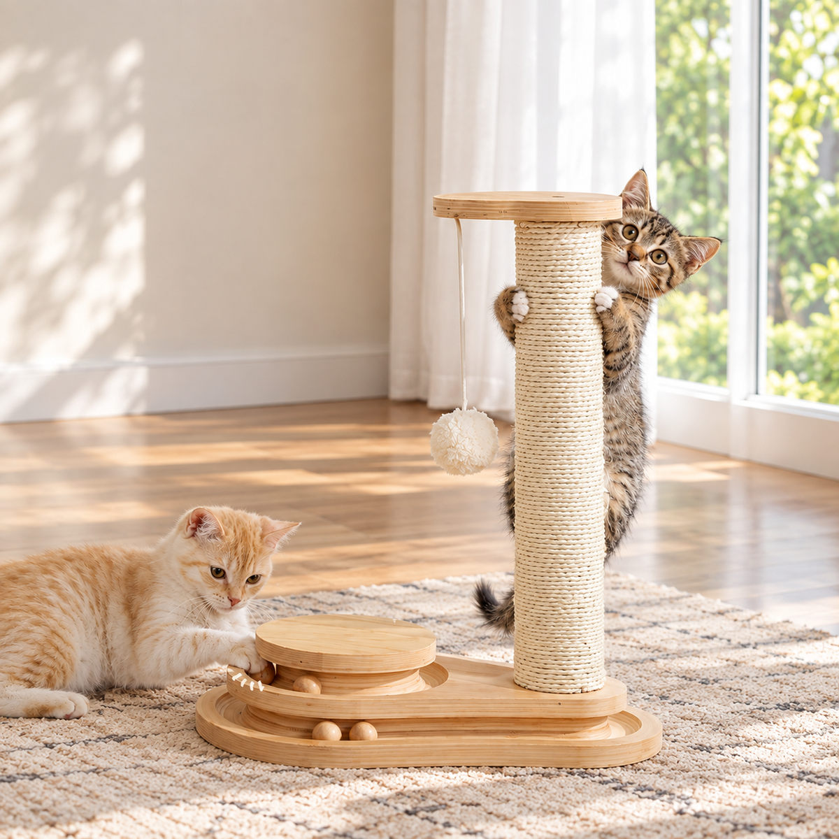 Interactive Play Cat Scratching Post – Kitten Activity Tower with Hanging Toy and Track Roller Balls