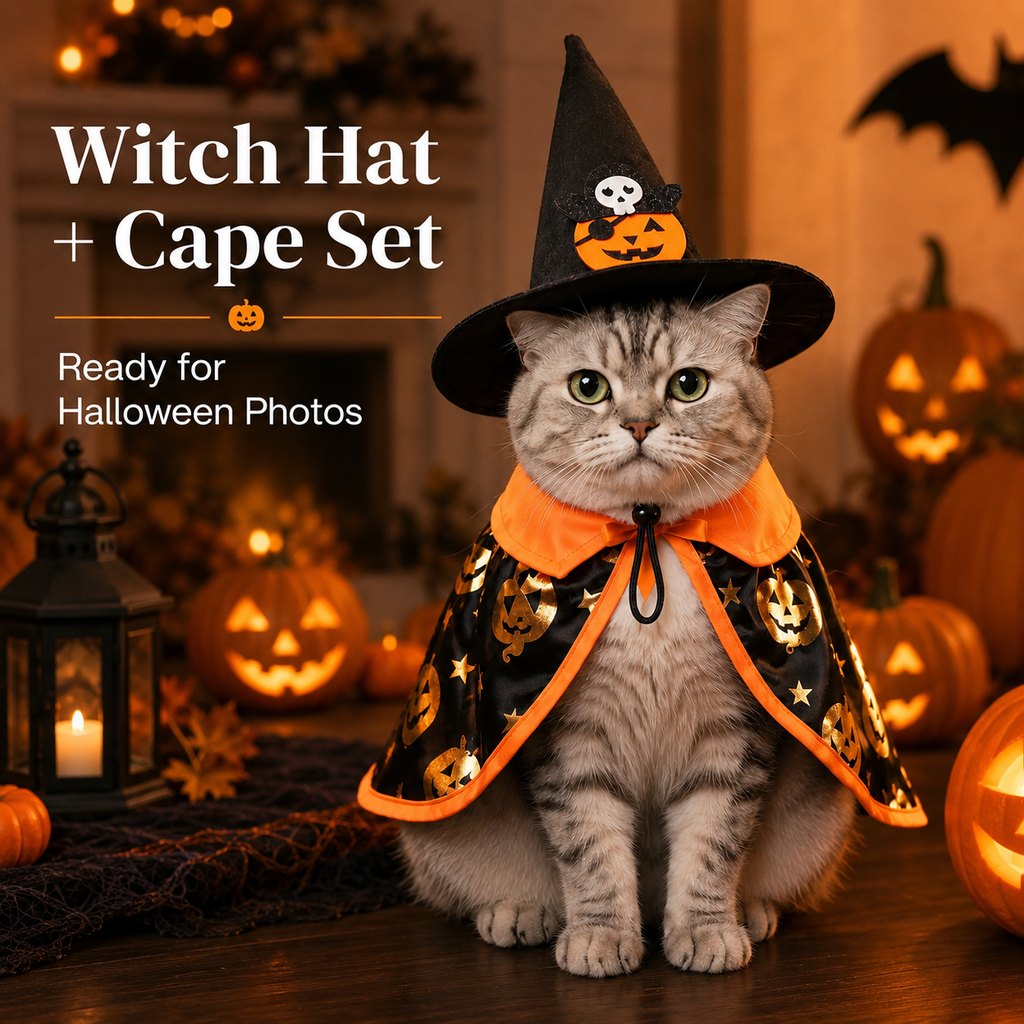 Halloween Cape Cat Costume Set – Witch Hat with Pumpkin Print for Holiday Dress-Up and Photos