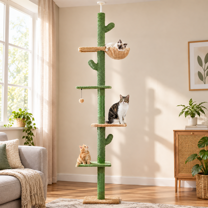 Cactus Floor-to-Ceiling Cat Tree – Tall Indoor Climbing Tower with Scratching Post Hammock and Hanging Ball