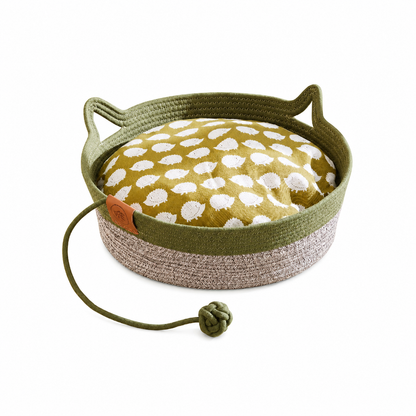 Woven Cat Basket Bed with Cushion – Cat-Ear Handles With Attached Play Toy