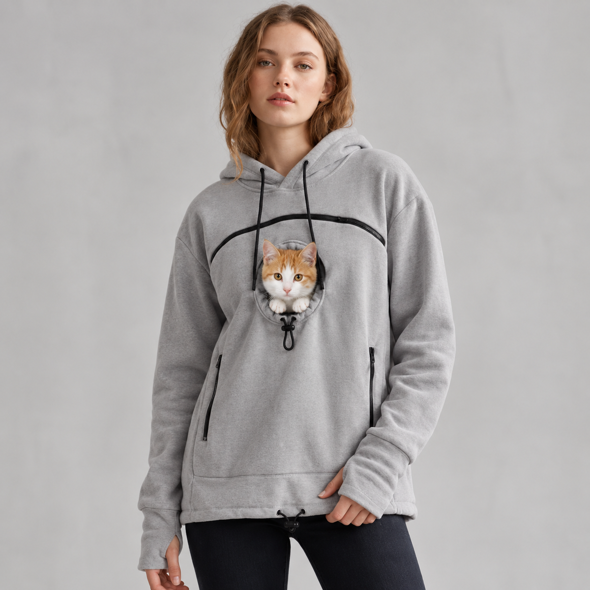 Hands-Free Pouch Pet Carrier Hoodie – Sweatshirt with Cinch Head Opening and Zipper Pockets for Cats Small Dogs