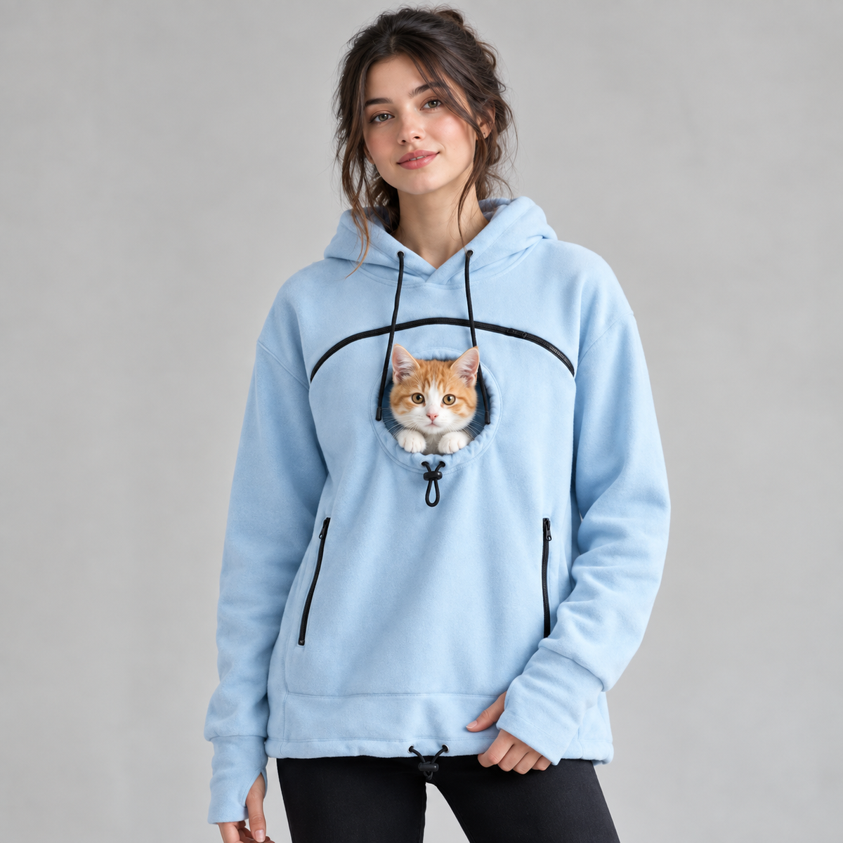 Hands-Free Pouch Pet Carrier Hoodie – Sweatshirt with Cinch Head Opening and Zipper Pockets for Cats Small Dogs