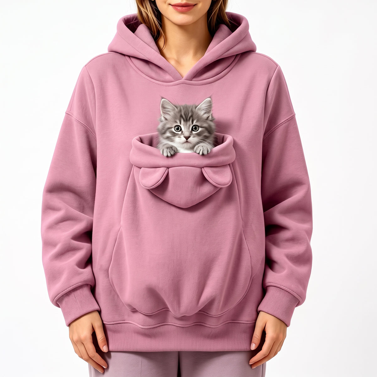 Ear-Detail Pouch Pet Carrier Hoodie – Sweatshirt Pullover with Front Pocket for Cats and Small Dogs