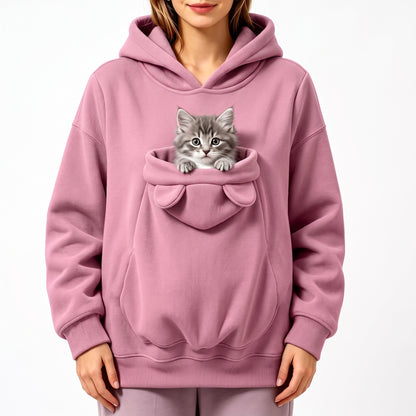 Ear-Detail Pouch Pet Carrier Hoodie – Sweatshirt Pullover with Front Pocket for Cats and Small Dogs