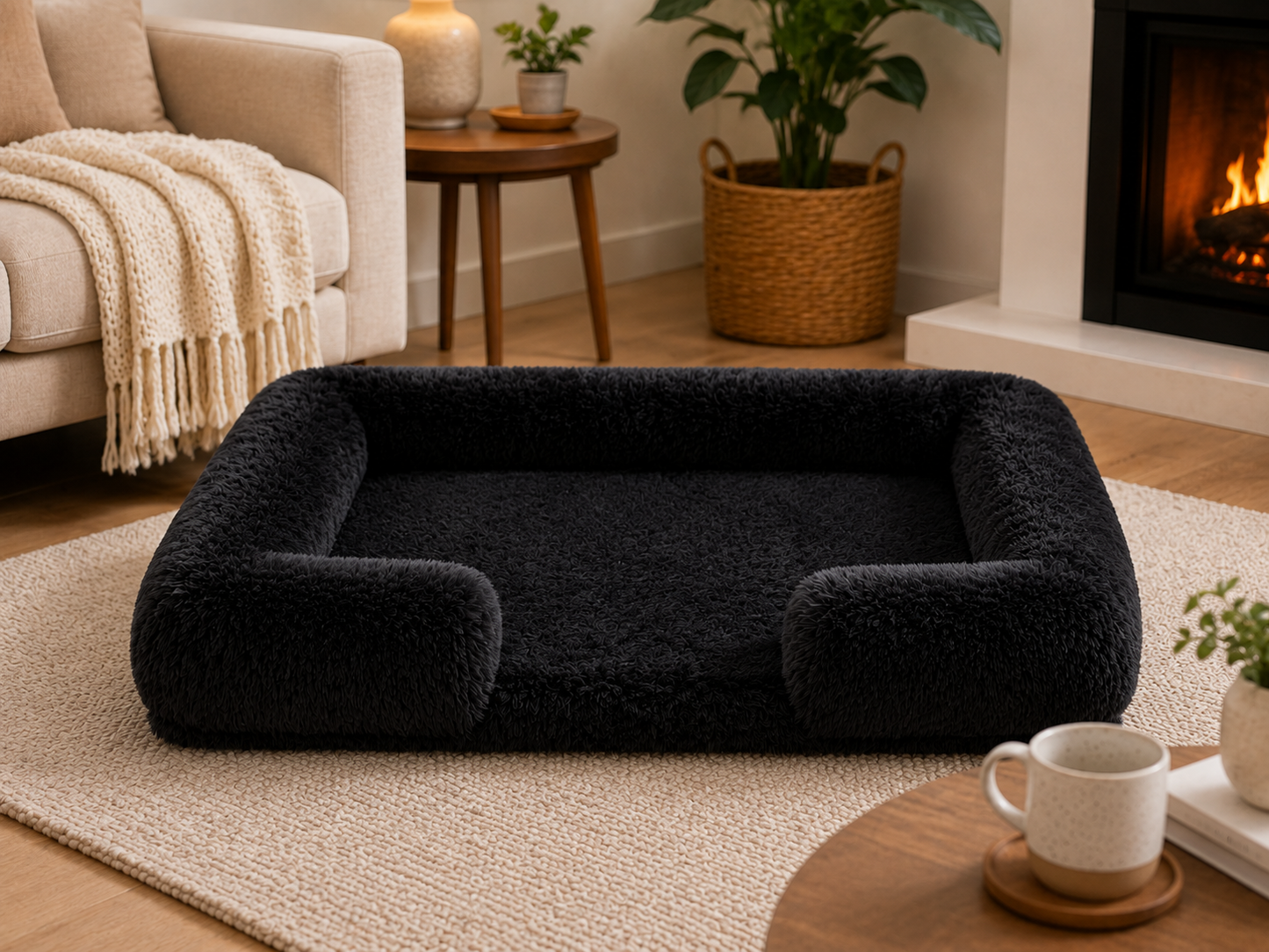 Plush Bolster Dog Bed – Rectangular Raised Rim Pet Cushion Lounger