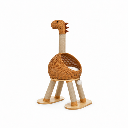 Dinosaur Scratching Cat Tree – Climbing Tower with Woven Condo Cave Post and Hanging Toy for Indoor Cats