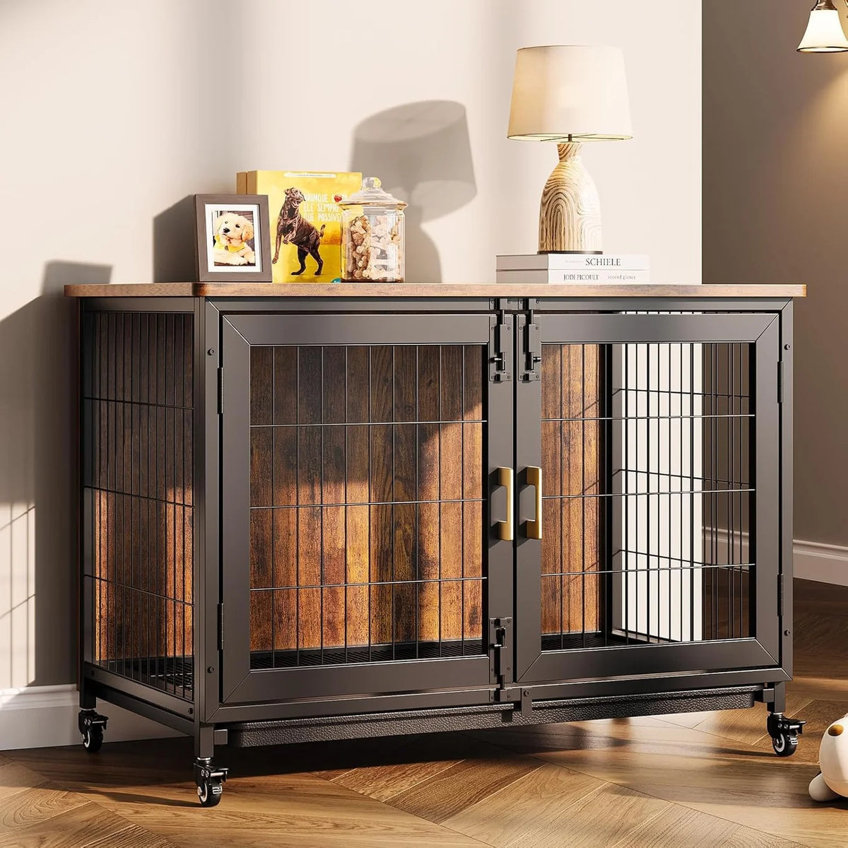 Pawvov 37.5" Rolling Double-Door Dog Crate Furniture – End Table Kennel with Removable Pull-Out Tray