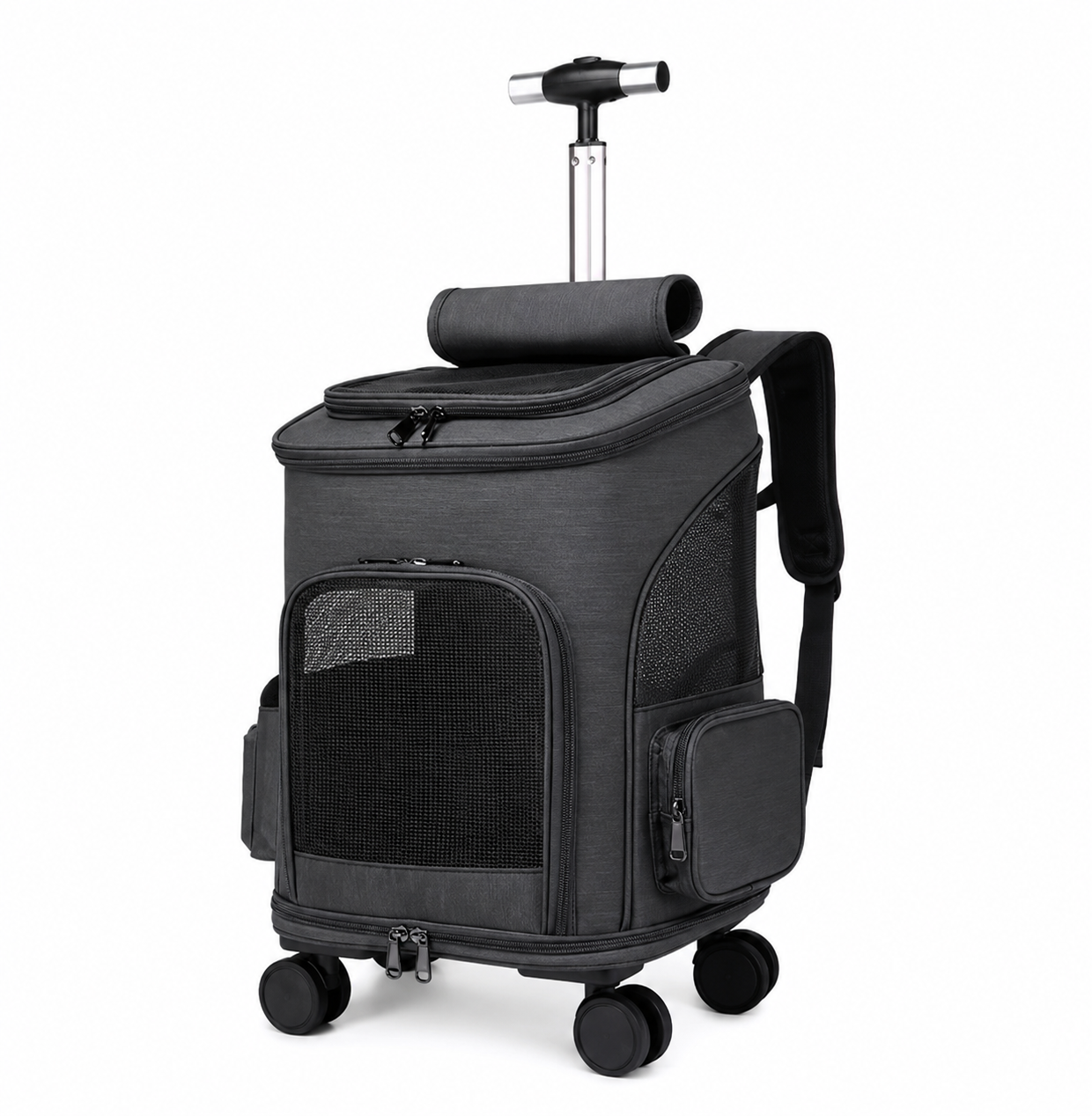 Rolling Telescopic Handle Pet Backpack – Wheeled Travel Trolley Carrier with Mesh Windows and Dual-Sided Mat for Cats