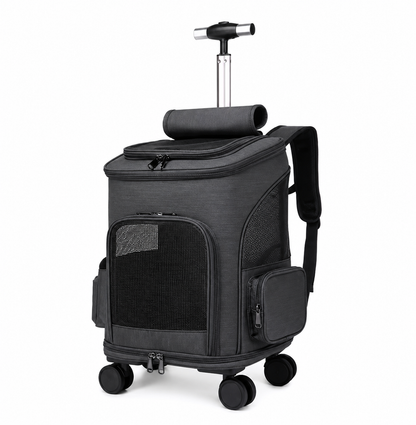 Rolling Telescopic Handle Pet Backpack – Wheeled Travel Trolley Carrier with Mesh Windows and Dual-Sided Mat for Cats